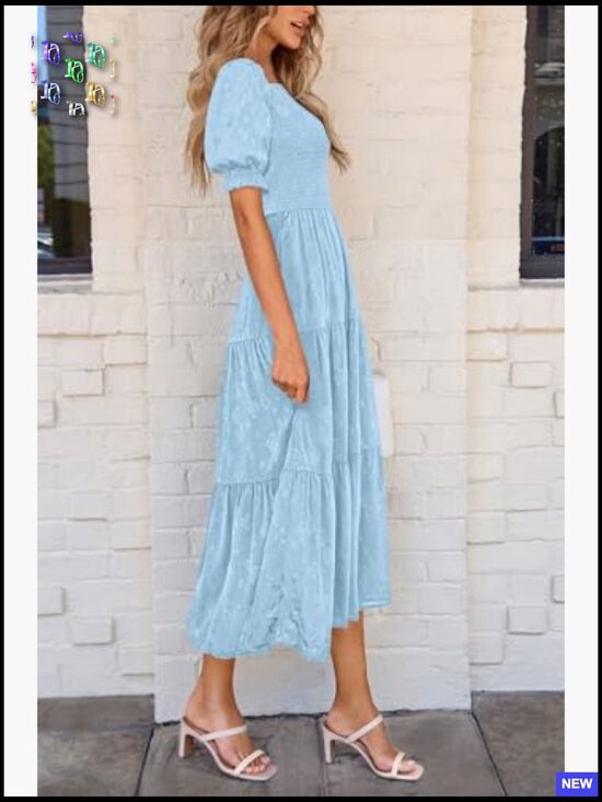 Floral Smocked Midi Dress Square Neck Boho Elegant Summer Casual Flowy - Picture 6 of 7